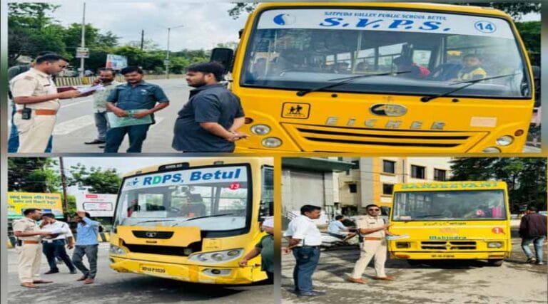 पुलिस अधीक्षक के निर्देश पर यातायात प्रभारी गजेंद्र केन ने की स्कूल बसों की जांच की चलानी करवाही 31 bas