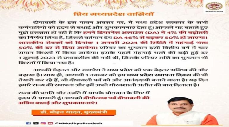 मध्यप्रदेश के शासकीय सेवकों को 4 प्रतिशत महंगाई भत्ता स्वीकृत 17 cm