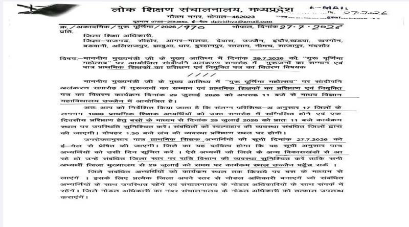 गुरुपूर्णिमा महोत्सव के अवसर पर इन पात्र प्राथमिक शिक्षकों को नियुक्ति आदेश प्रदान किए जाएंगे -सूची देखें 1 suchi