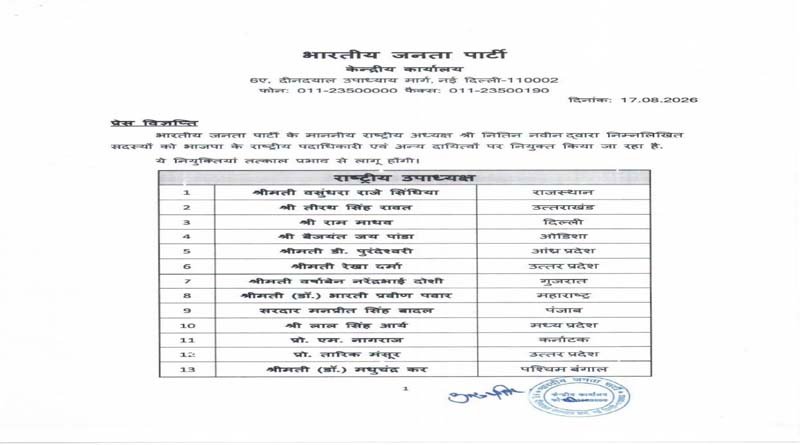 भाजपा संगठन में बड़ा फेरबदल: राष्ट्रीय अध्यक्ष नितिन नबीन ने घोषित की नई टीम, वसुंधरा राजे और राम माधव समेत 13 नेता बने राष्ट्रीय उपाध्यक्ष 1 7b