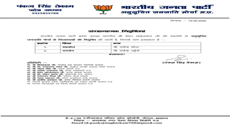 MP BJP SC Morcha New District Presidents List